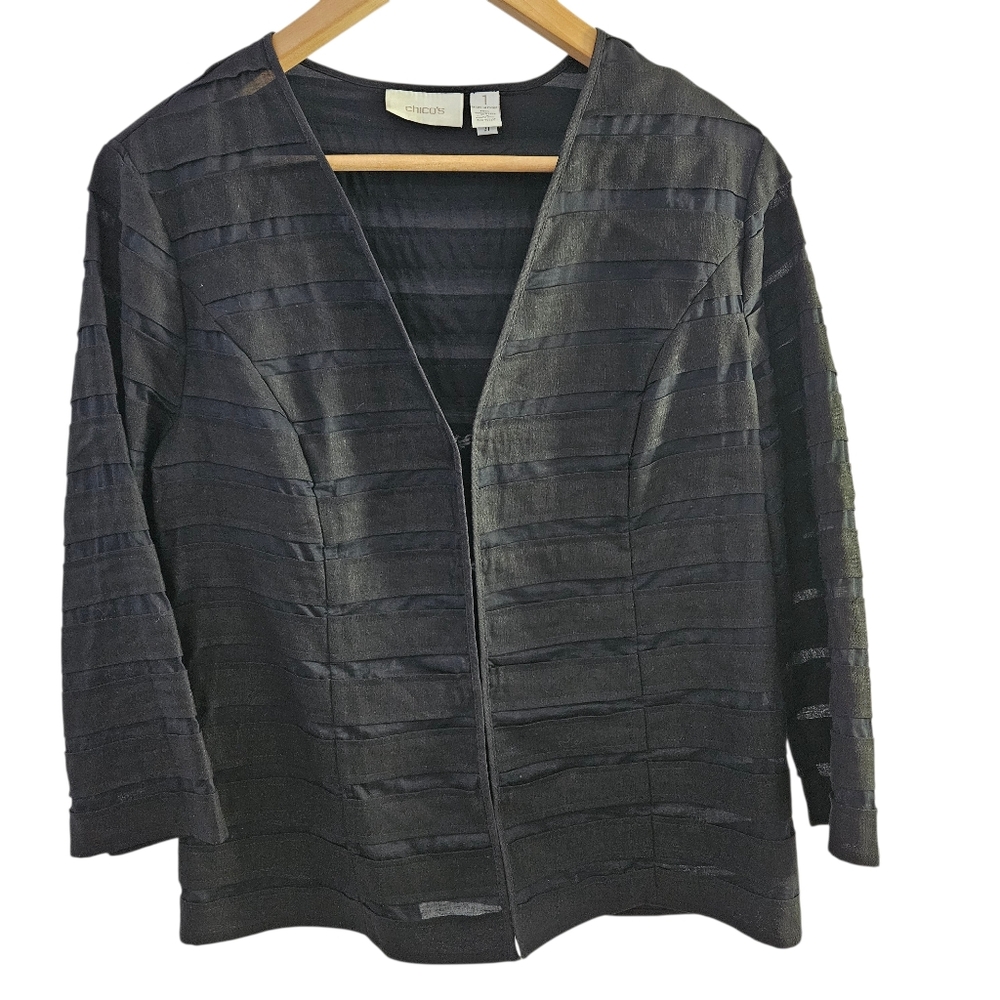 CHICO'S  Black V-Neck 3/4 Sleeve Cotton/Linen Stripe Jacket